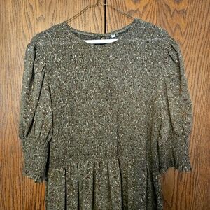 Long Rusched Puffed Sleeve Dress Green Burgundy and Gold